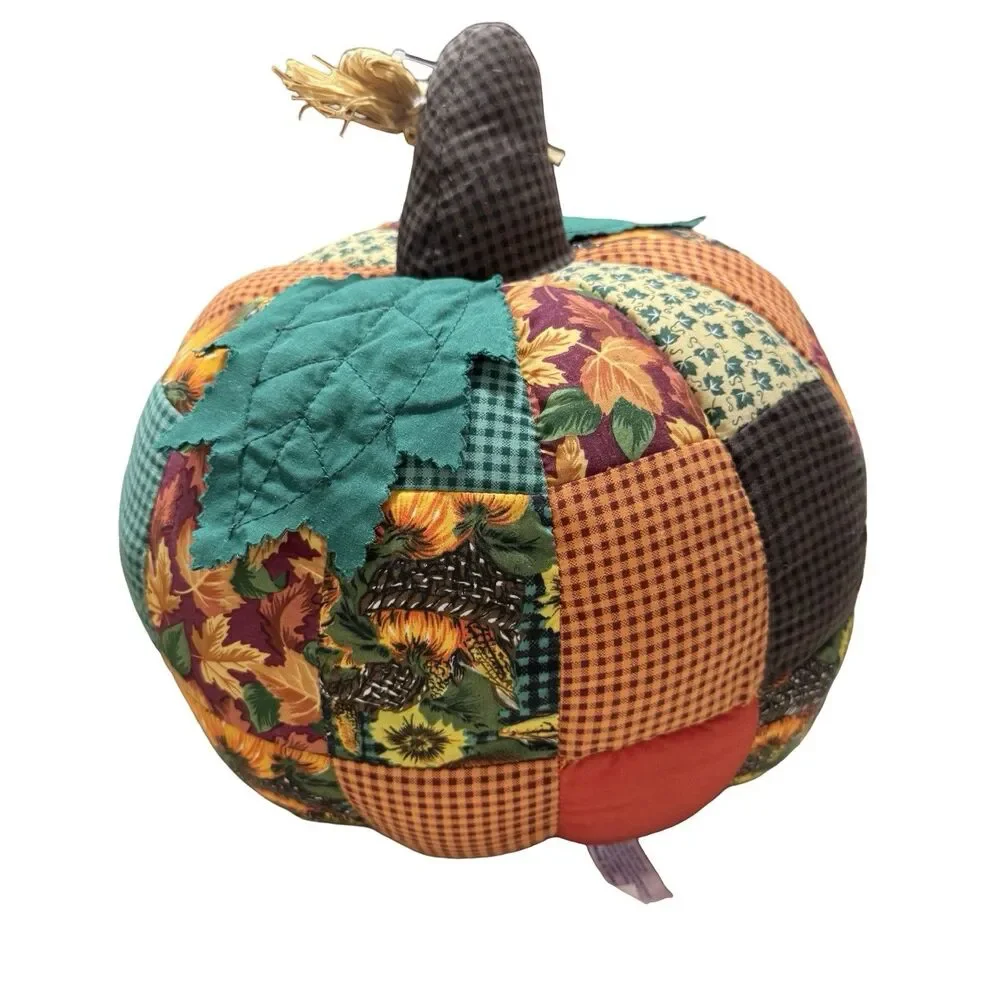 MTY International Co Ltd Large Fabric Patchwork Pumpkin 12” Fall Halloween Decor